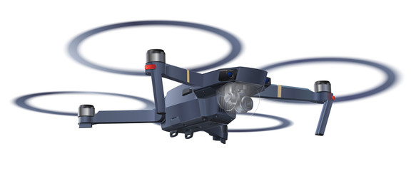 Drone quadrocopter with action camera.  Remote control air drone. Innovation photography concept.