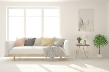 White living room with sofa. Scandinavian interior design. 3D illustration