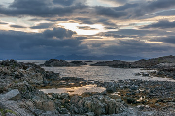 Norwegian summer landscape fjord, mountains, Norway. selective focus, Colorful morning scene in Norway.