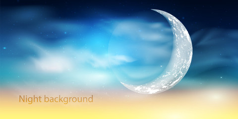 Blue dark Night sky background with half moon, clouds and stars.