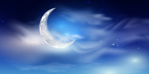Obraz na płótnie Canvas Blue dark Night sky background with half moon, clouds and stars.