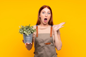 Young redhead gardener woman holding a plant over isolated yellow background with surprise facial expression