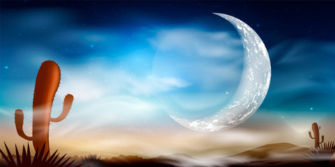 Blue dark Night sky background with half moon, clouds and stars.