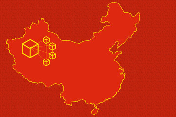 Flag of China, stars replaced with blockchain cubes inside a chinese map silhouette. Suitable for concepts like crypto trade war between china and USA or the new Blockchain-based Service Network or