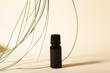 Glass bottle with lemongrass aromatic oil. The leaves of the lemongrass plant fall onto the aroma...