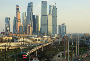 Fototapeta na wymiar Moscow business center and railway tracks