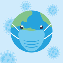 stop covid 19 concept, cartoon earth planet with mouth mask
