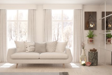 White living room with sofa and winter landscape in window. Scandinavian interior design. 3D illustration
