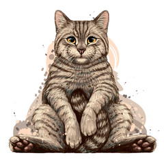 Cat. Sticker for walls. Hand-drawn, sketch, artistic portrait of a sitting cat on a white background.