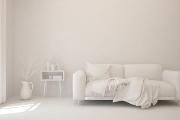 White minimalist living room with sofa. Scandinavian interior design. 3D illustration