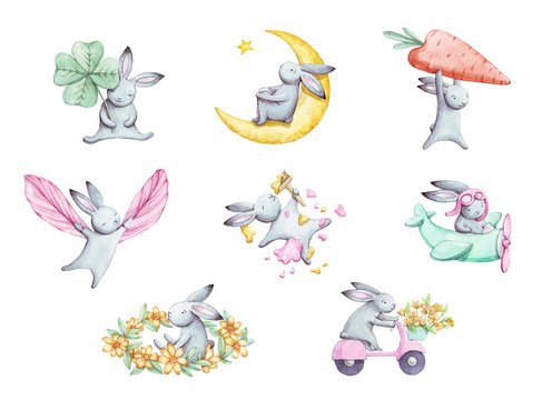 Cute set of cartoon watercolor bunny. Summer illustration. For childrens fabric, textile, print and postcard.