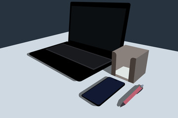 Laptop, smartphone, notepad, pen on the table. The workplace of a business person. Color vector illustration.