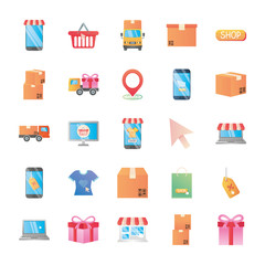 packages and shopping online icon set, detailed style