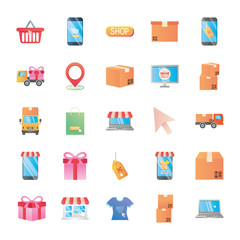 gift boxes and shopping online icon set, detailed style