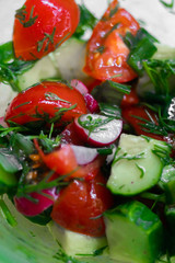 Fresh vegetable salad close-up. Cucumber, radish, tomatoes, chives, ukrom. Vegetable salad seasoned with olive oil.