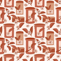 Tea seamless pattern with boxes, leaves and flowers