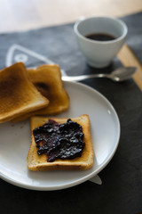 breakfast with toast, jam and coffee