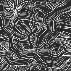 Hand drawn doodle seamless pattern with cannabis leaves and wave lines on Chalkboard. Weed background.