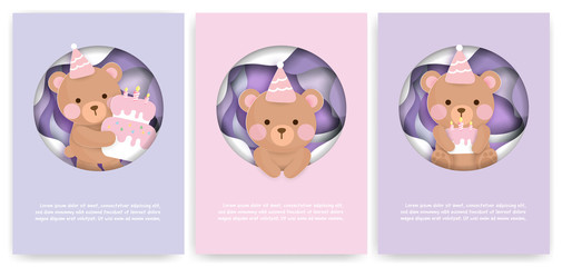Set of baby shower cards and birthday cards with cute bear and cake .