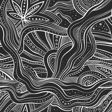 Hand drawn doodle seamless pattern with cannabis leaves and wave lines on Chalkboard. Weed background.