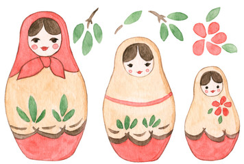 Hand painted watercolor illustration of national Russian dolls matryoshka (babushka) isolated on white background with flower and leaves elements, red, ochre and green colors, for folk culture design.