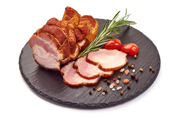 Smoked pork breast, isolated on white background