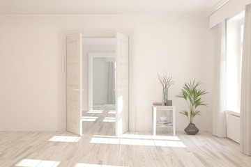 White empty room with wooden chair, home plant and open door. Scandinavian interior design. 3D illustration