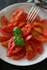 vegetarian food, raw tomatoes with basil leaf