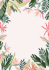 Fototapeta na wymiar Tropical frame background. Modern Hawaiian card, banner template. Exotic branches and flowers. Botanical frame vector illustration. Jungle border had-drawn design.
