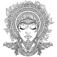 Coloring book for adults anti stress woman face with ethnic hairstyle and headdress 