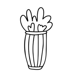 House plant in a striped pot. Doodle style. Hand drawn vector illustration in black ink on white background
