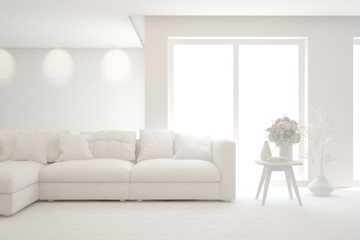White minimalist living room with sofa. Scandinavian interior design. 3D illustration