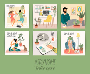 Stay at home. Young men and women stay in cozy house. Vector illustration.