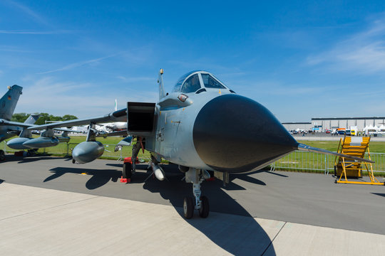 BERLIN, GERMANY - MAY 21, 2014: A twin-engine, variable-sweep wing combat aircraft, Panavia Tornado ECR. German Army. Exhibition ILA Berlin Air Show 2014