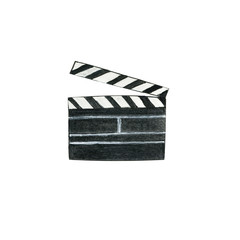 Fototapeta premium Cinema clapper for shooting movies and programs. Watercolor hand drawn illustration in realistic style in black color. Concept of entertainment, watching TV, director and producer work equipment
