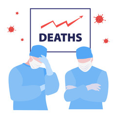 Vector illustration of two doctors in masks with up arrow graph statistics of deaths on the board. Tired doctors concept.