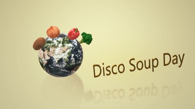 3d render Soup Day. World Disco Soup Day. Planet earth with vegetables. Onions, potatoes, bell peppers, broccoli.