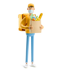 Safe delivery concept. 3d illustration. Cartoon character. Delivery guy with grocery bag in medical mask and yellow uniform stands with the big bag.