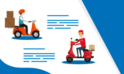 set banner with delivery workers in motorcycles vector illustration design