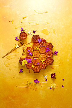 Honey cake eaten with fork and crumbs