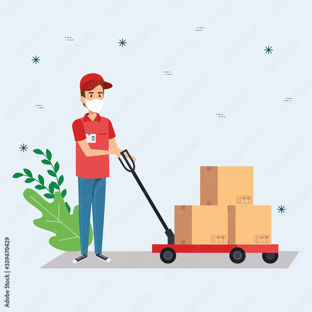 Poster delivery worker using face mask with boxes carton in wheelbarrow vector illustration design
