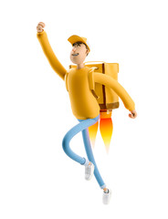 Express delivery concept. 3d illustration. Cartoon character. Delivery guy flies on jetpack with urgent order in yellow uniform stands with the big bag. 