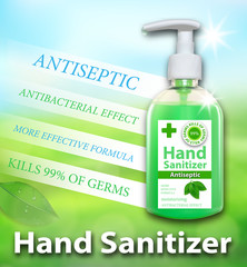 Hand Sanitizer gel ads. Antiseptic hand gel in bottles with dispenser. Antibacterial effect, best protection against viruses. Vector