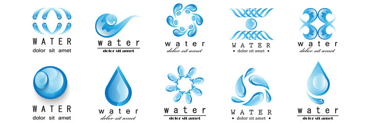 Water Splash Vector And Drop Set - Isolated On White. Abstract Vector Collection Of Flat Water Splash and Drop Logo. Icons For Droplet, Water Wave, Rain, Raindrop, Company Logo And Bubble Design