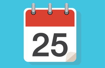 Simple color calendar icon with 25 date on white. Vector Christmas calendar icon. Flat design. Red Calendar 25 December Vector Illustration. Use for Web, Print Design Etc. Calendar Icon