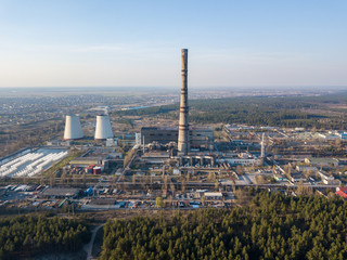 Thermal power station on the outskirts of Kiev. Aerial drone view.