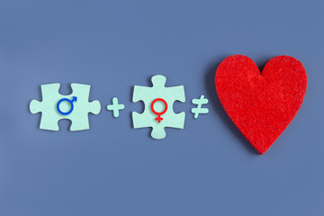 Two puzzle pieces and a heart idea of love on a blue background with signs of a man and a woman. Copyspace for love idea text