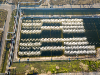 Cooling pool of a thermal power plant on the outskirts of Kiev. Aerial drone view.