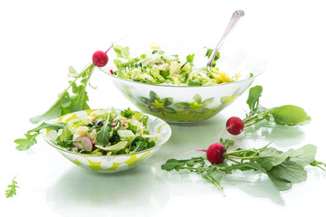 Spring salad from early vegetables, lettuce leaves, radishes and herbs in a plate isolated on white
