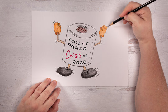 Cartoon doodle of dancing toilet paper with toilet paper crisis 2020 written on the paper roll real human hand holding art pencil